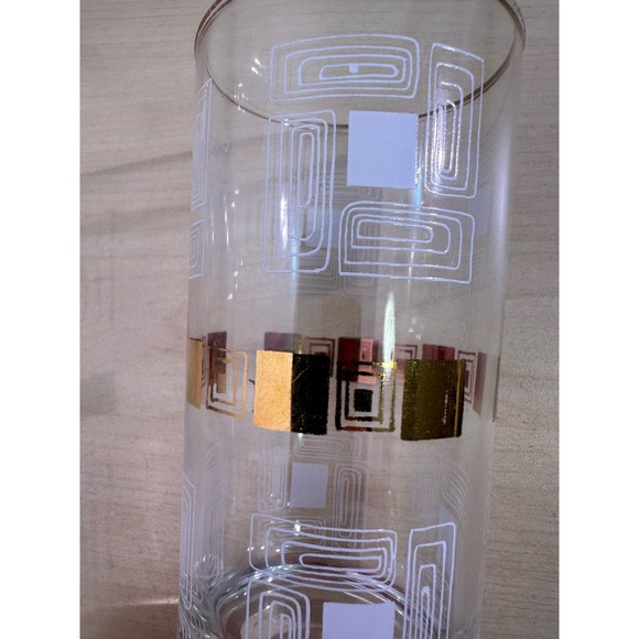 8 Vintage 1950's Block Geometric Tom Collins Glasses Gold Rim Metal Carrier - Picture 11 of 12